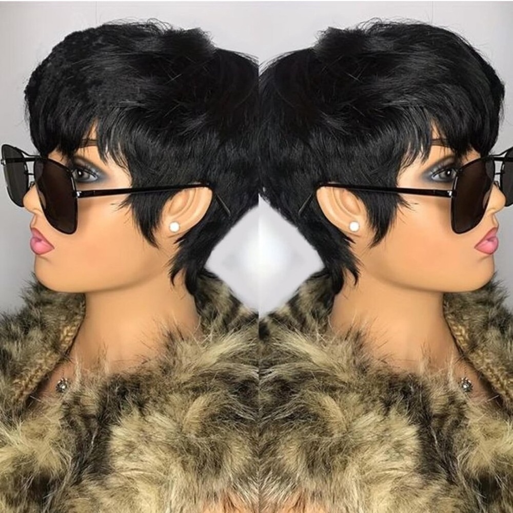 Short Human Hair Wigs with Bangs Short Layered Pixie Wigs for Black Women